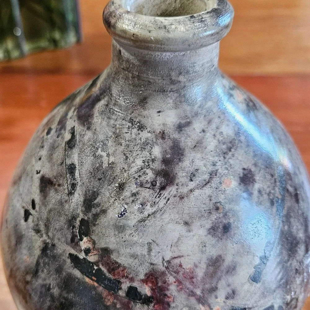 Signed Studio Pottery Bottle Vase Mottled Black Grey Glaze Hand Thrown Ceramic